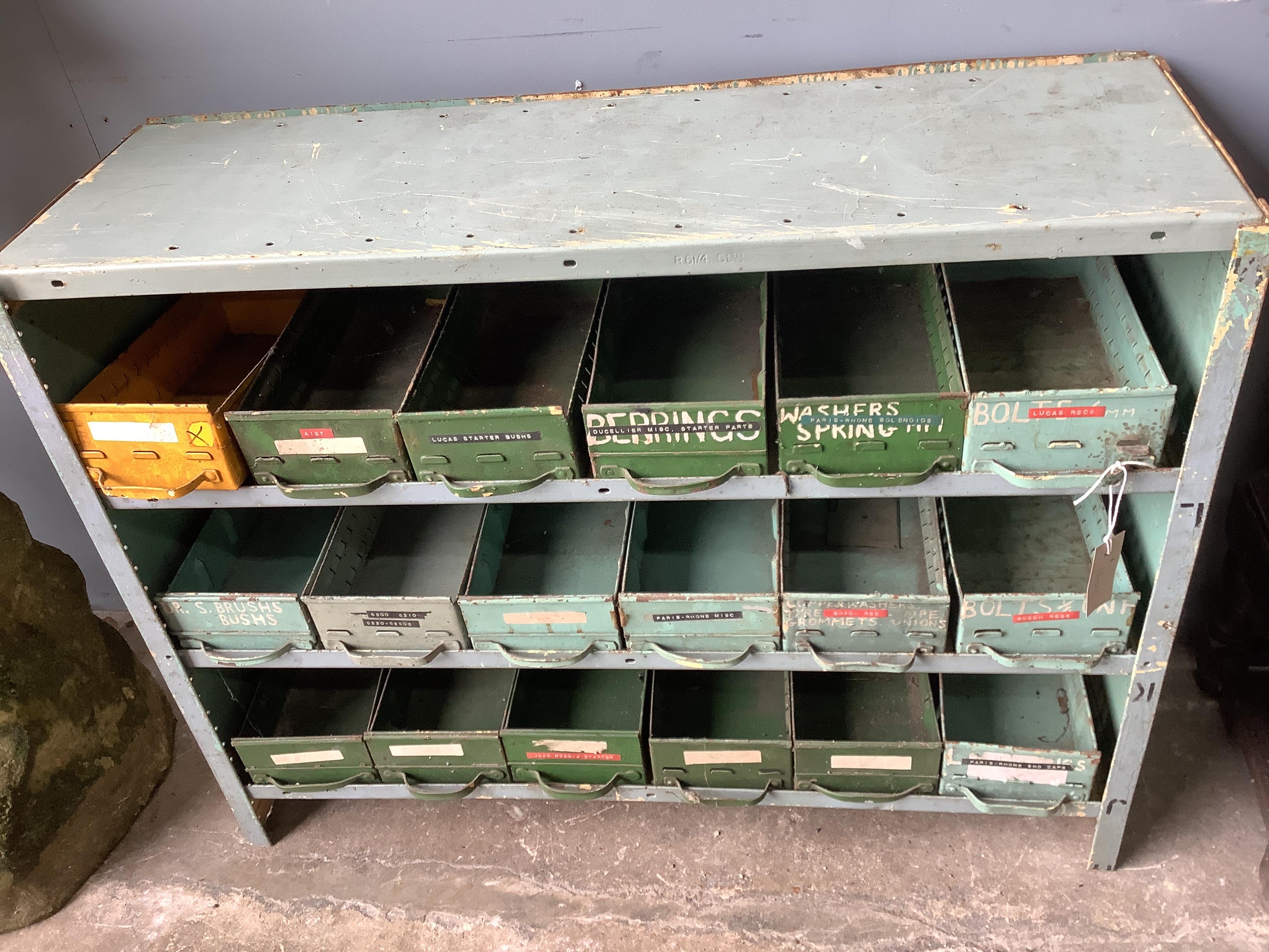 An industrial style metal workshop storage drawer unit, width 92cm, depth 31cm, height 72cm